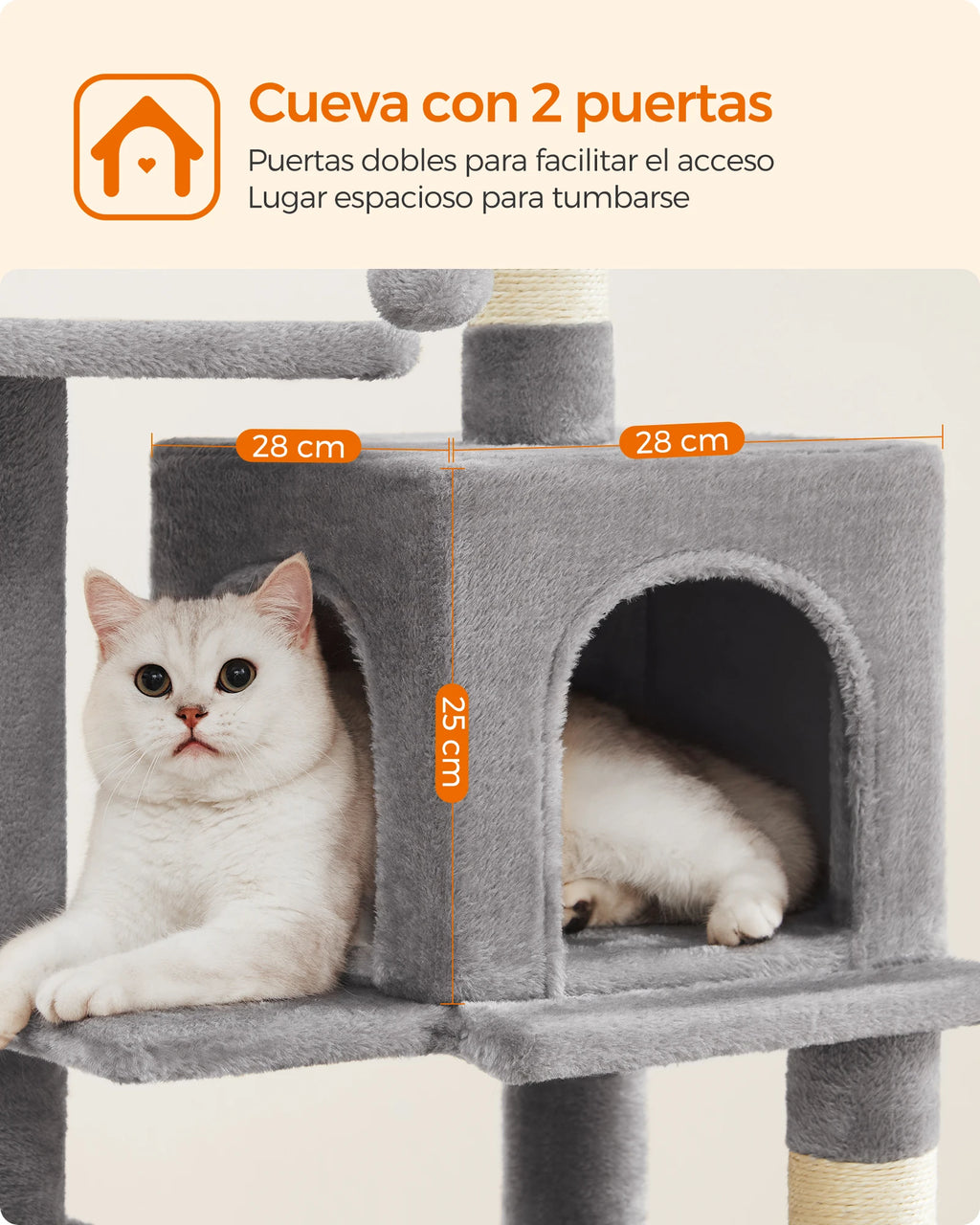 Torre Rascador para Gatos con Hamaca y Cueva – 112/143 cm