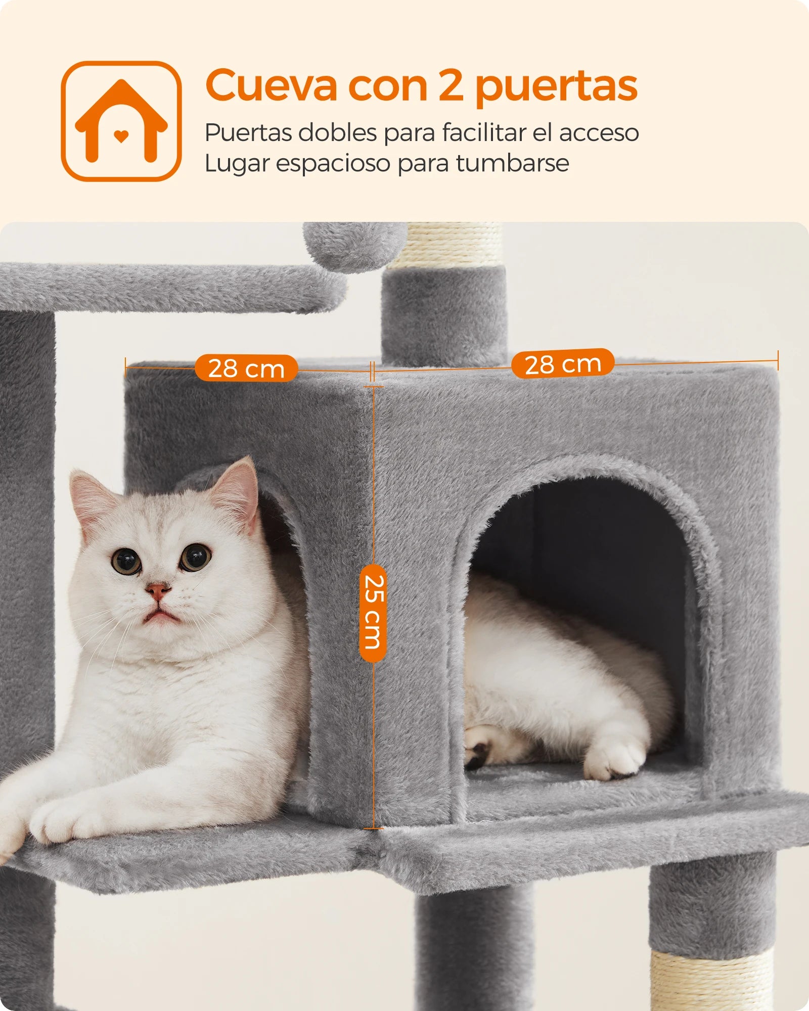 Torre Rascador para Gatos con Hamaca y Cueva – 112/143 cm