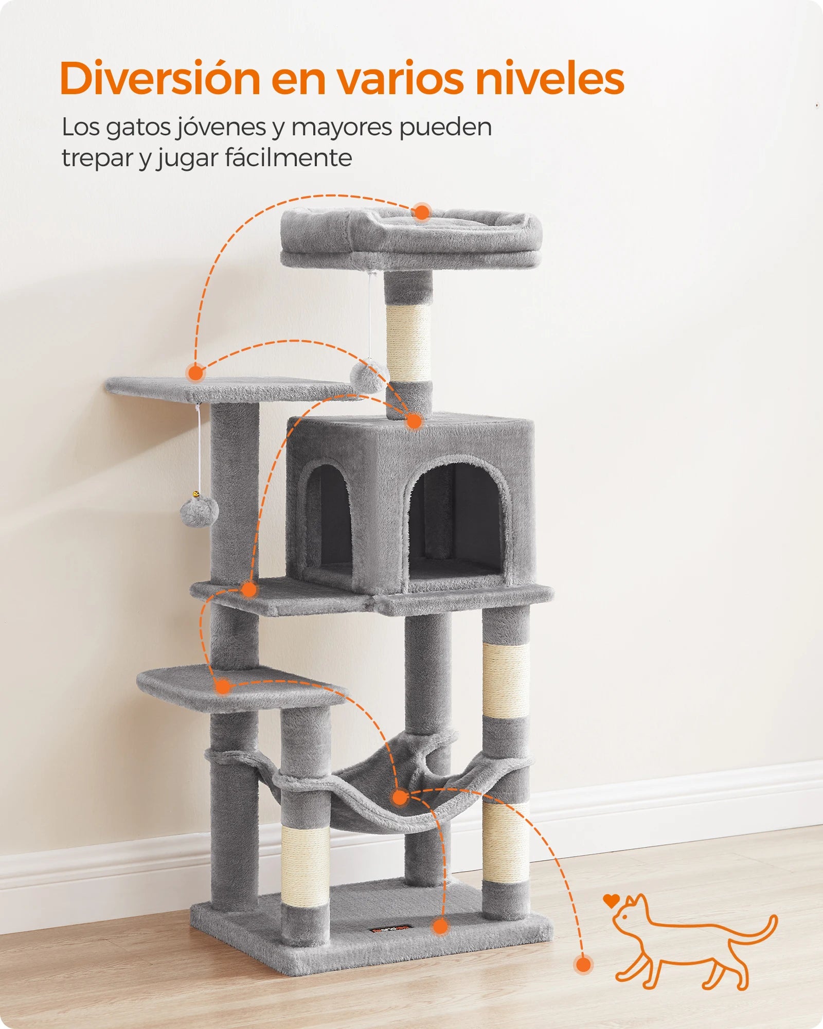 Torre Rascador para Gatos con Hamaca y Cueva – 112/143 cm