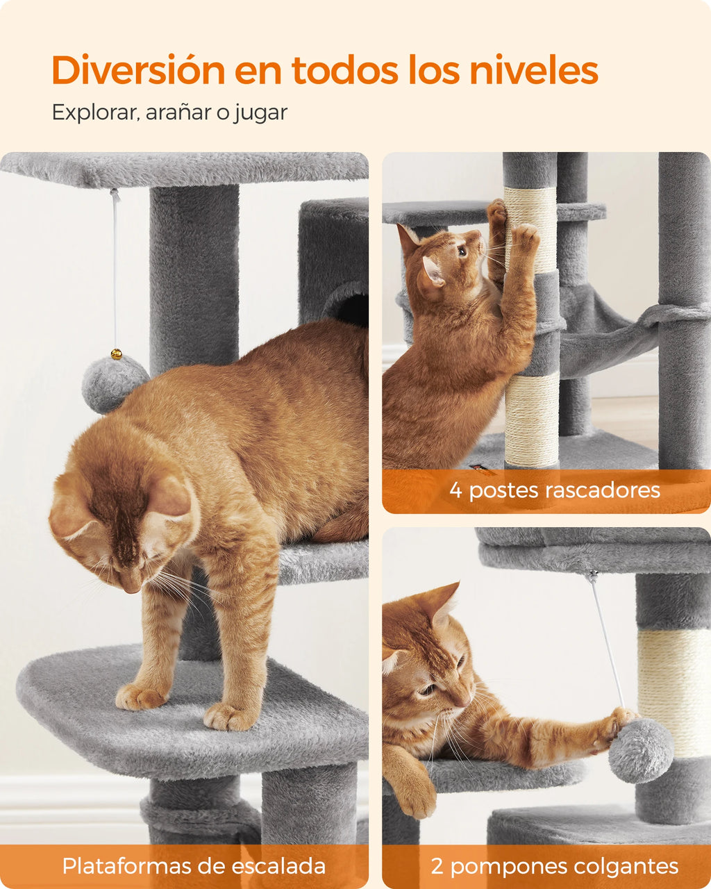 Torre Rascador para Gatos con Hamaca y Cueva – 112/143 cm