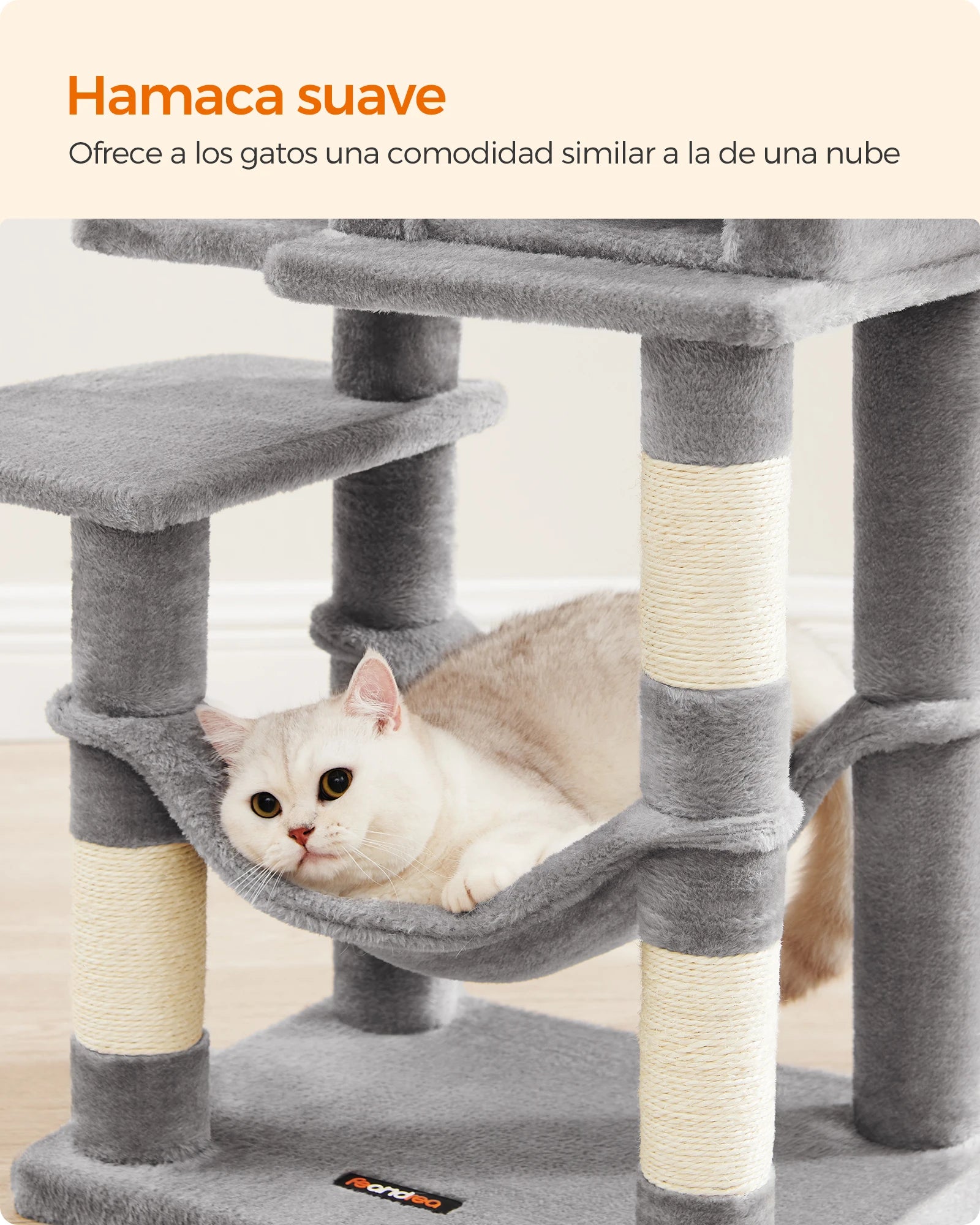Torre Rascador para Gatos con Hamaca y Cueva – 112/143 cm