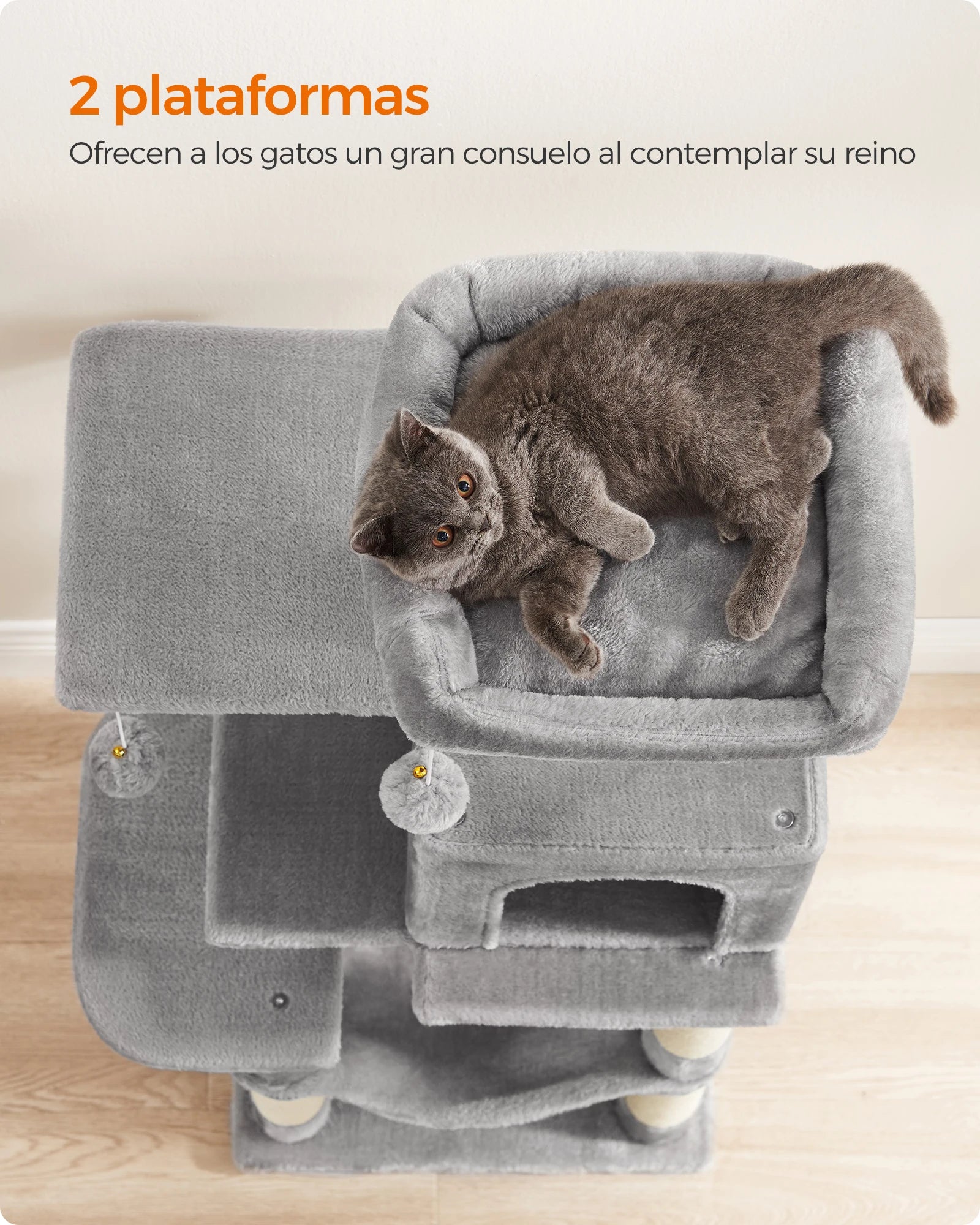 Torre Rascador para Gatos con Hamaca y Cueva – 112/143 cm