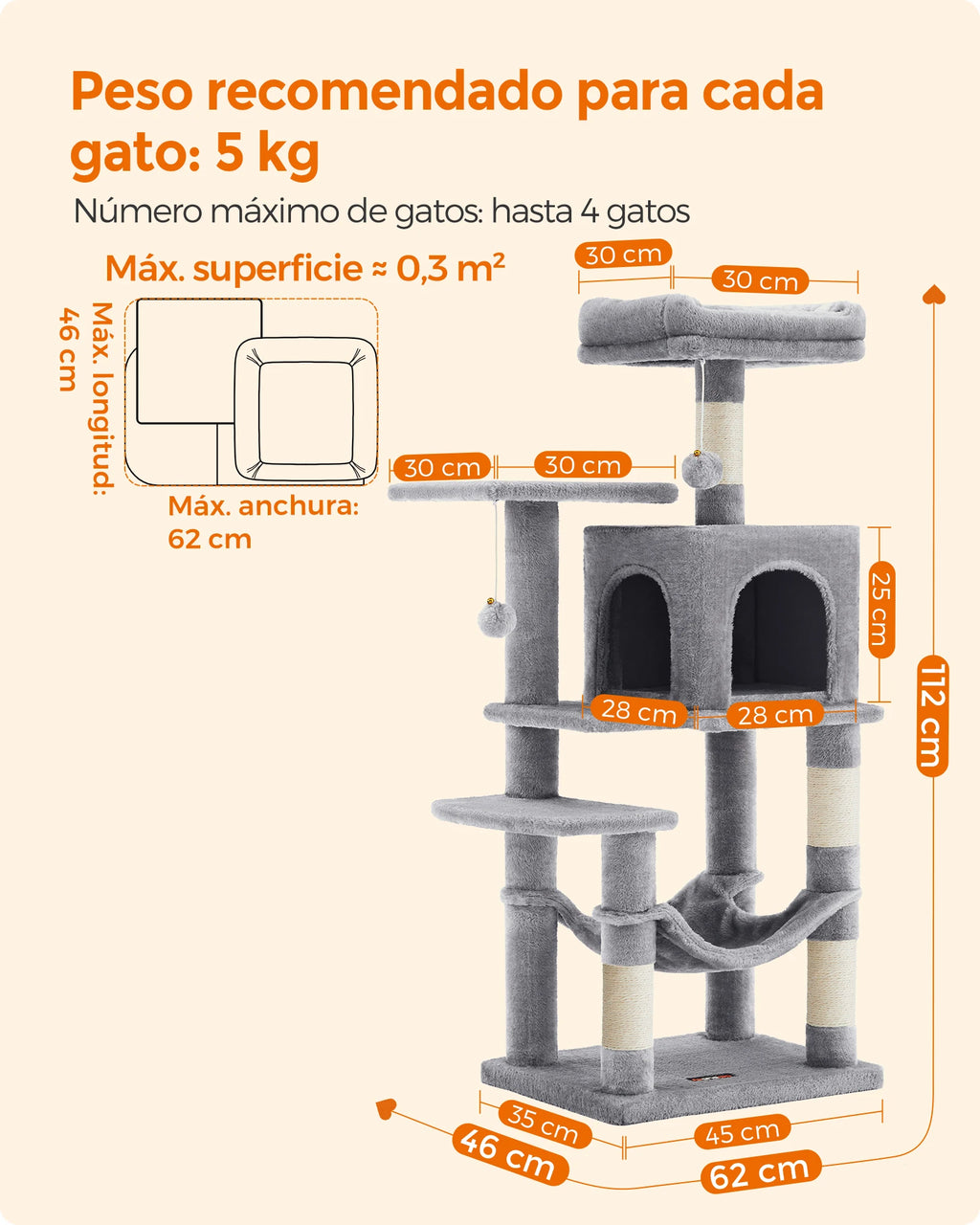 Torre Rascador para Gatos con Hamaca y Cueva – 112/143 cm