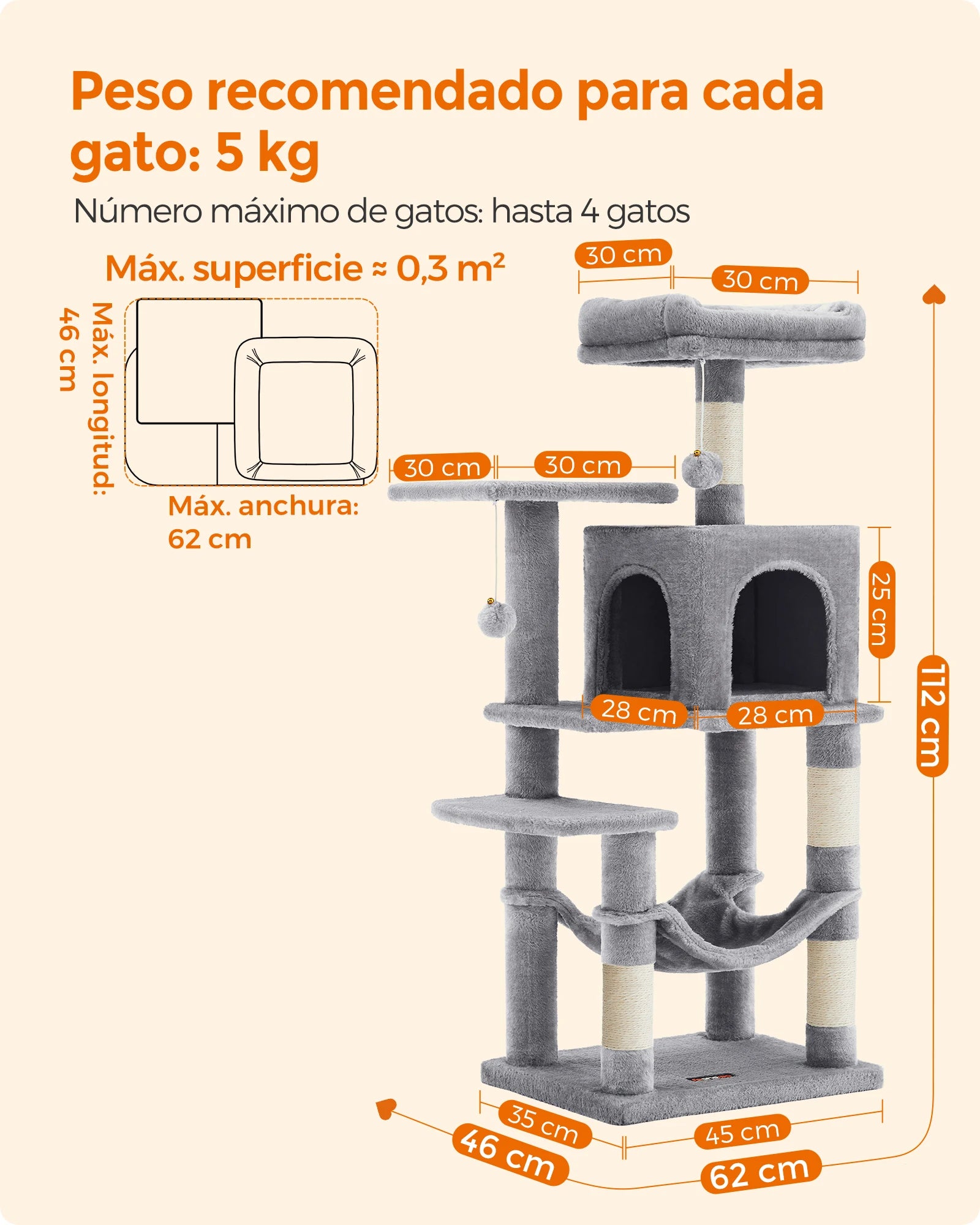 Torre Rascador para Gatos con Hamaca y Cueva – 112/143 cm
